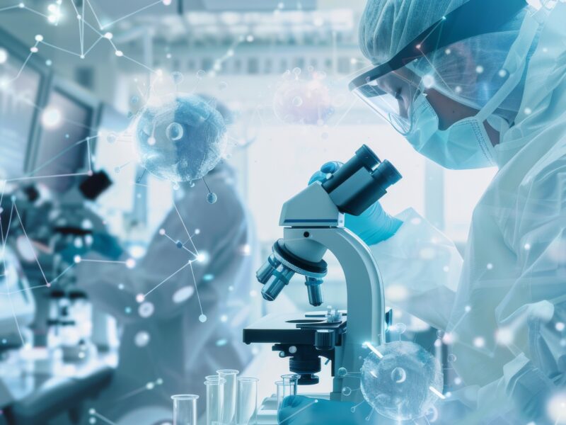 Scientific research using a double-exposure microscope and a young woman using equipment in the laboratory. Biotechnology, development, chemical, vaccination, COVID-19. Photo concept experimentation