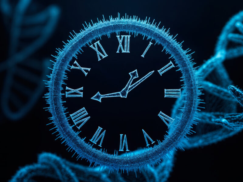 Futuristic digital clock face with DNA helix, representing time and genetics, glowing blue on dark background, concept of biological aging