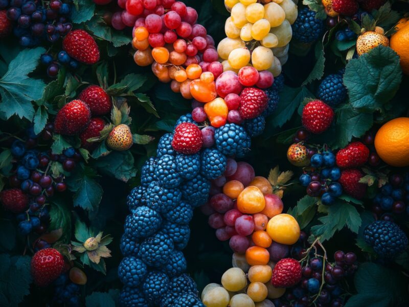 Colorful fruits and berries meticulously placed to form a double helix, symbolizing the DNA structure, representing the innovative field of nutrigenomics