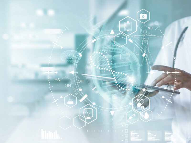 Medicine doctor touching electronic medical record on tablet. DNA. Digital healthcare and network connection on hologram modern virtual screen interface, medical technology and futuristic concept.