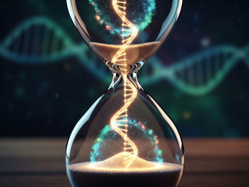 This symbolic hourglass with a luminous DNA strand and sparkling particles depicts the profound connection between biological processes, hereditary traits, and the.