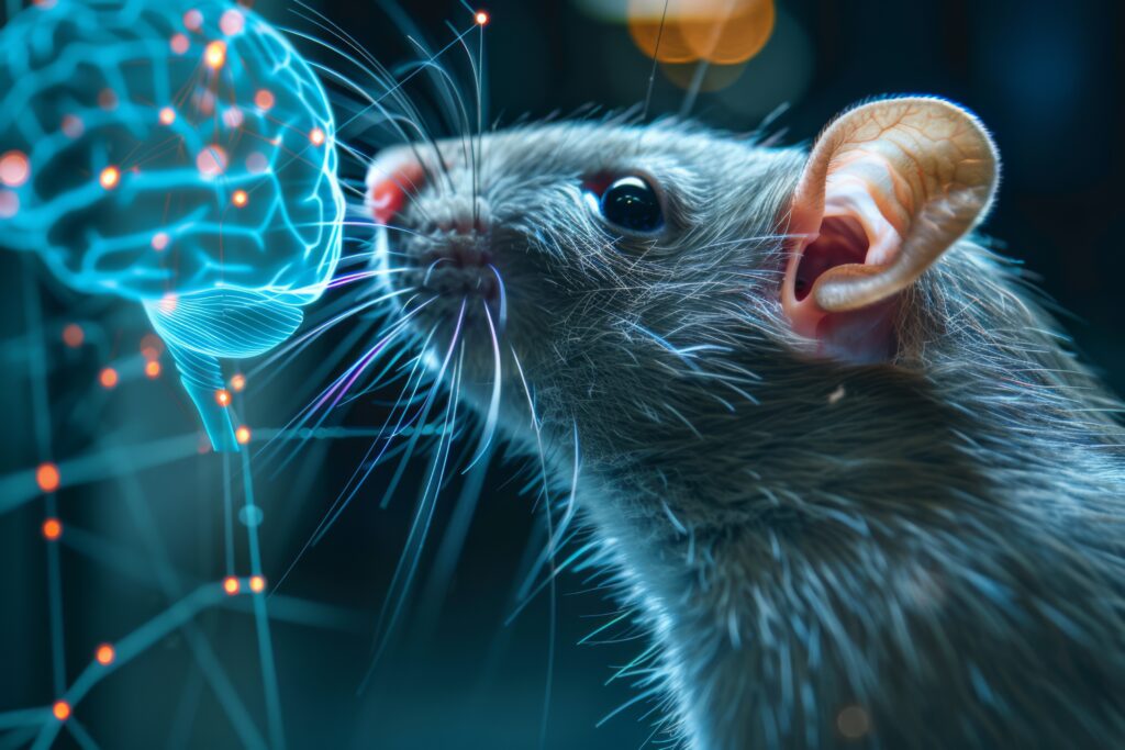 Digital Rendering of a Lab Rat Investigating a Stylized Brain, Showcasing Scientific Innovation and Research in a Modern Laboratory Environment