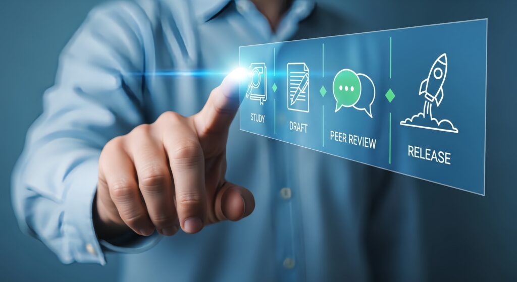 Person touching a digital screen displaying study draft peer review and release icons
