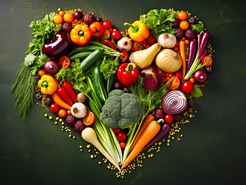 Heart made of many vegetables on brown background