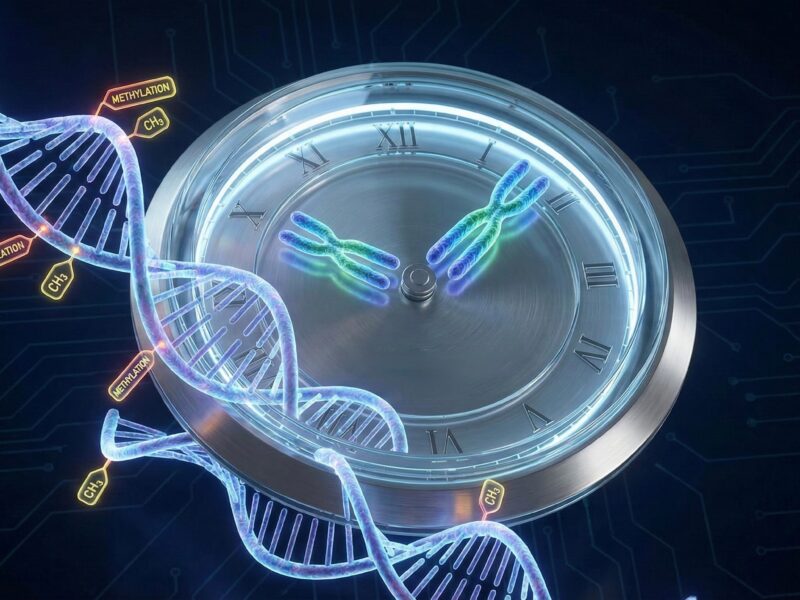 Epigenetic clock concept with DNA methylation markers on clock face representing biological age